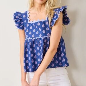 Printfresh Blue Peasant Babydoll Top Size L NWT